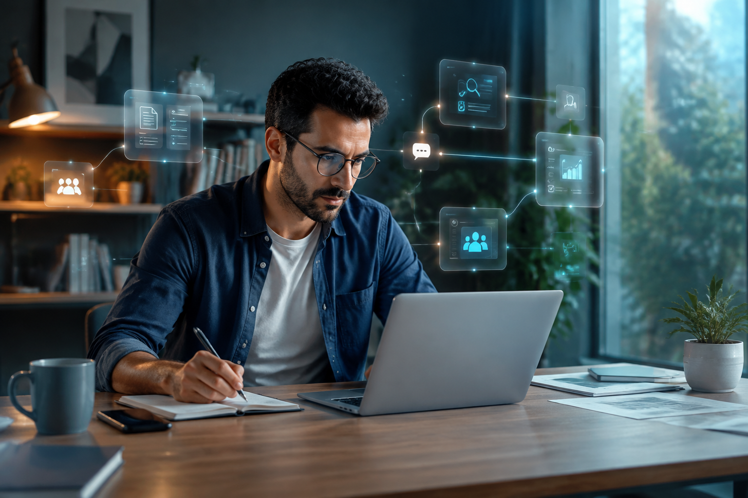 شخص يعمل أمام حاسوب محمول وتحيط به واجهات ذكية مترابطة